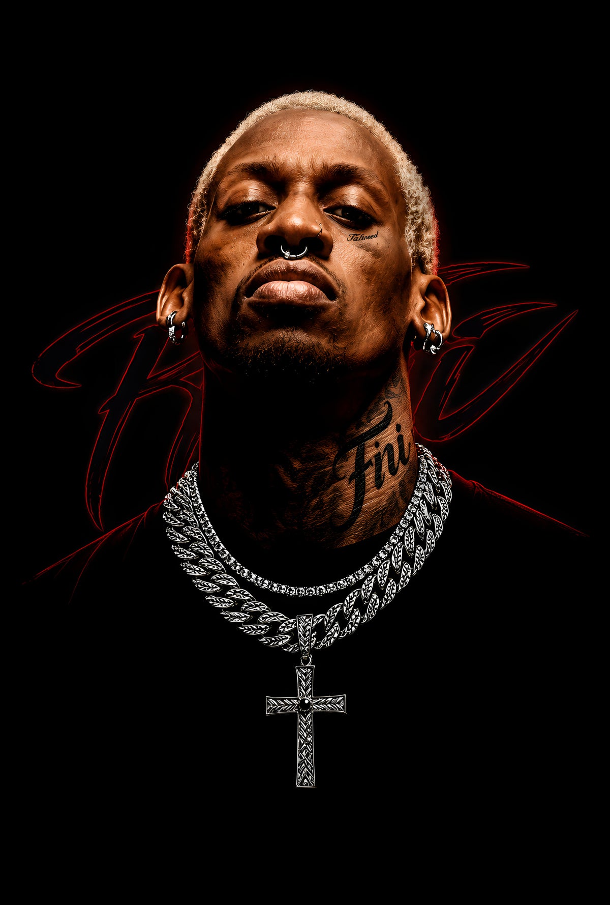 Hip Hop Portrait with Cross Chain - Halftone DTF transfer - Prints best on darks