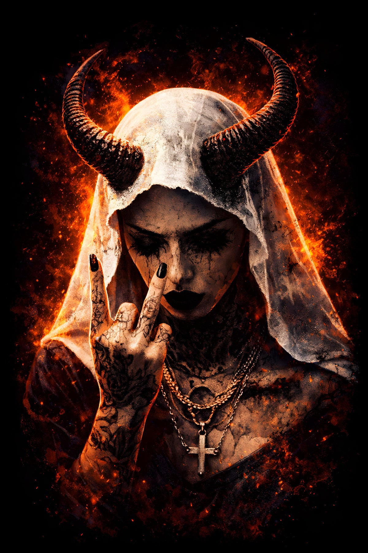 Horned Gothic Nun - Halftone DTF transfer - Prints best on darks