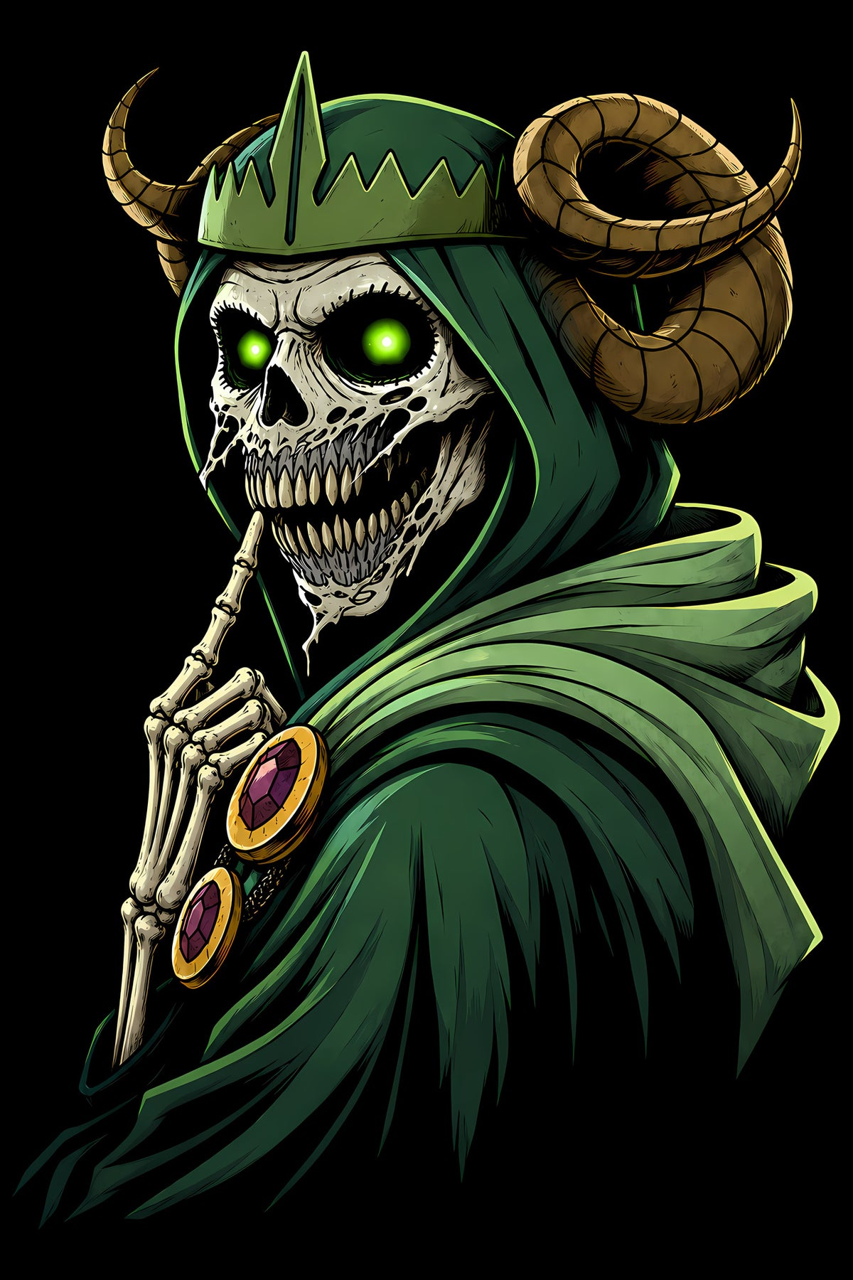 Horned Skeleton in Green Cloak - Halftone DTF transfer - Prints best on darks