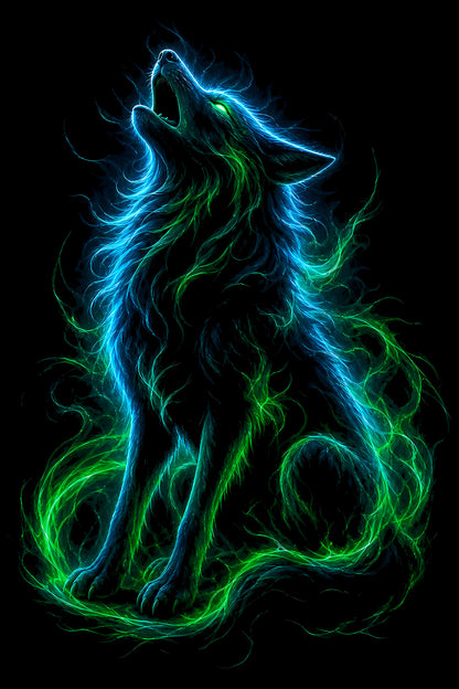 Howling Wolf in Blue and Green Smoke - Halftone DTF transfer - Prints best on darks