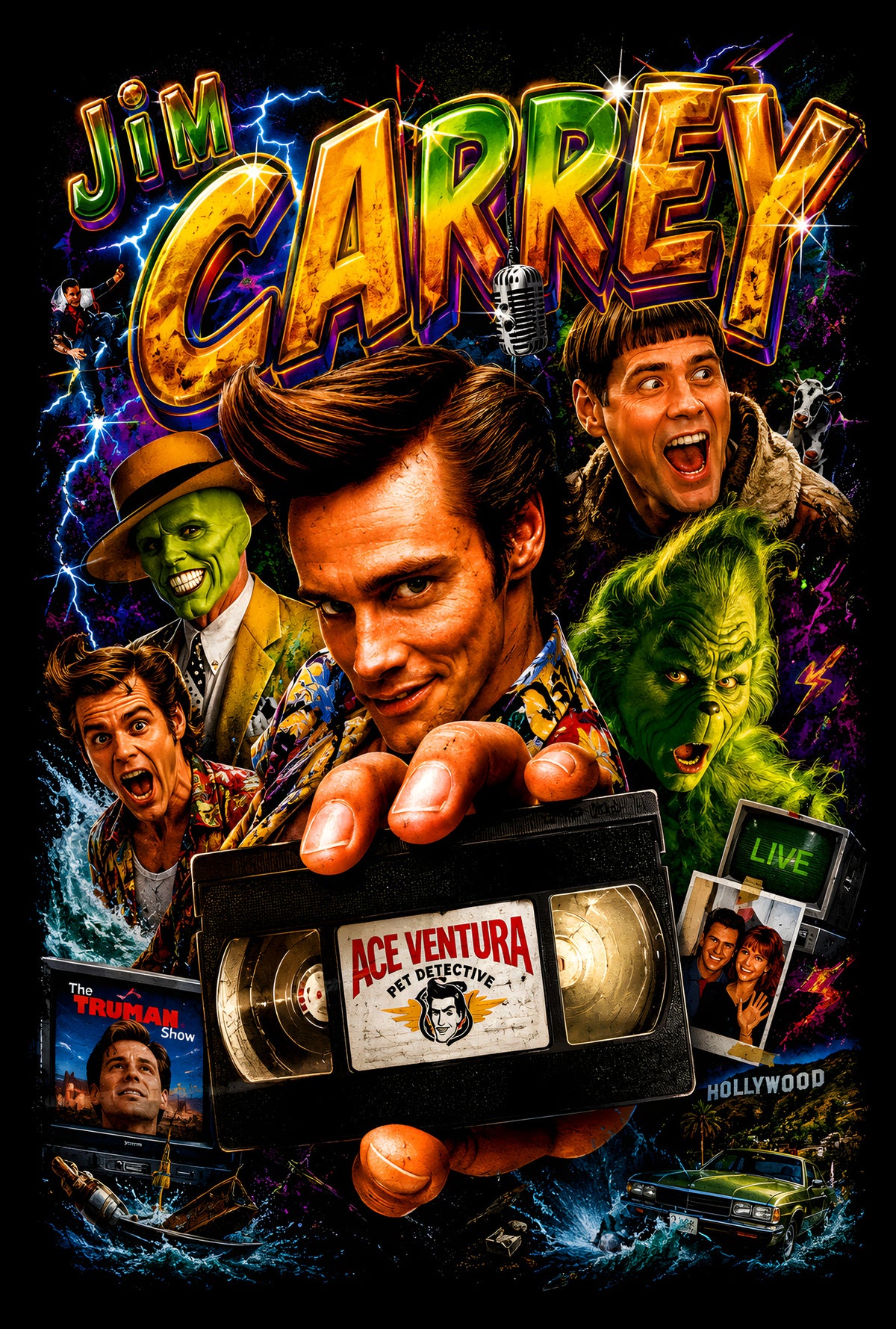 Jim Carrey Movie Collage - Halftone DTF transfer - Prints best on darks