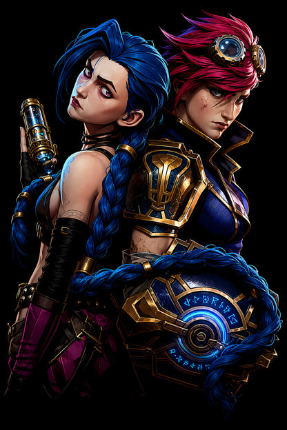 Jinx and Vi Steampunk Portrait - Halftone DTF transfer - Prints best on darks