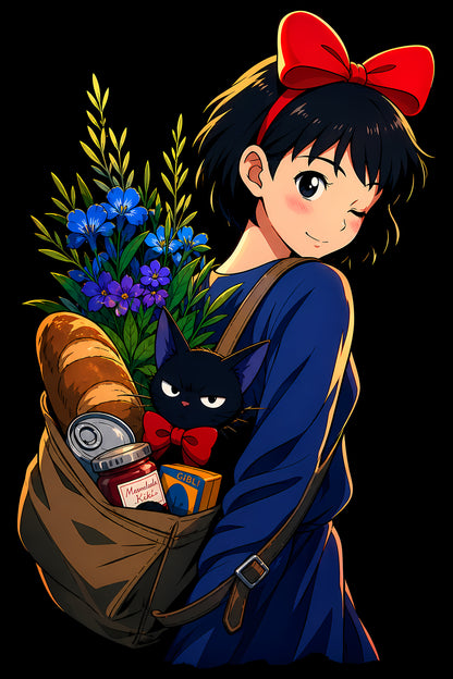 Kiki and Jiji with Flowers - Halftone DTF transfer - Prints best on darks