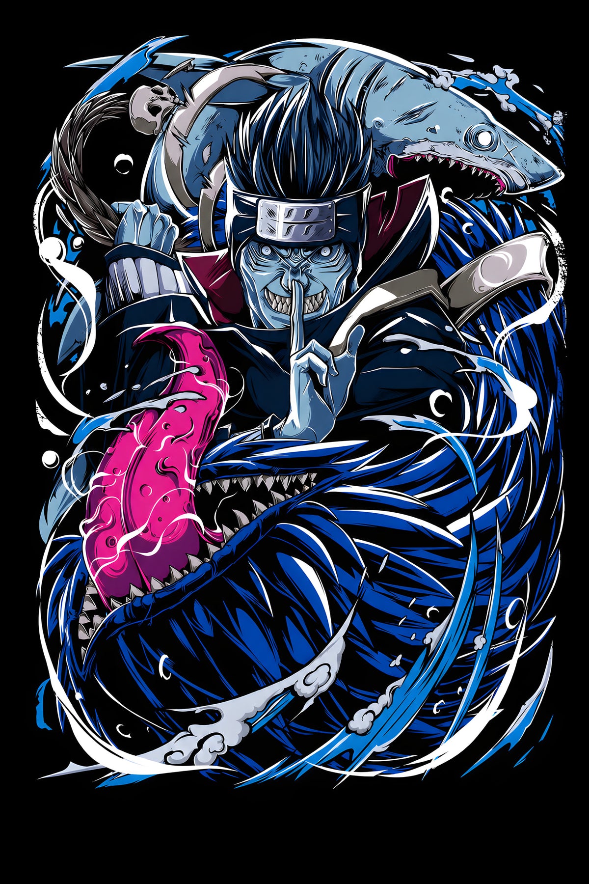 Kisame Water Shark - Halftone DTF transfer - Prints best on darks