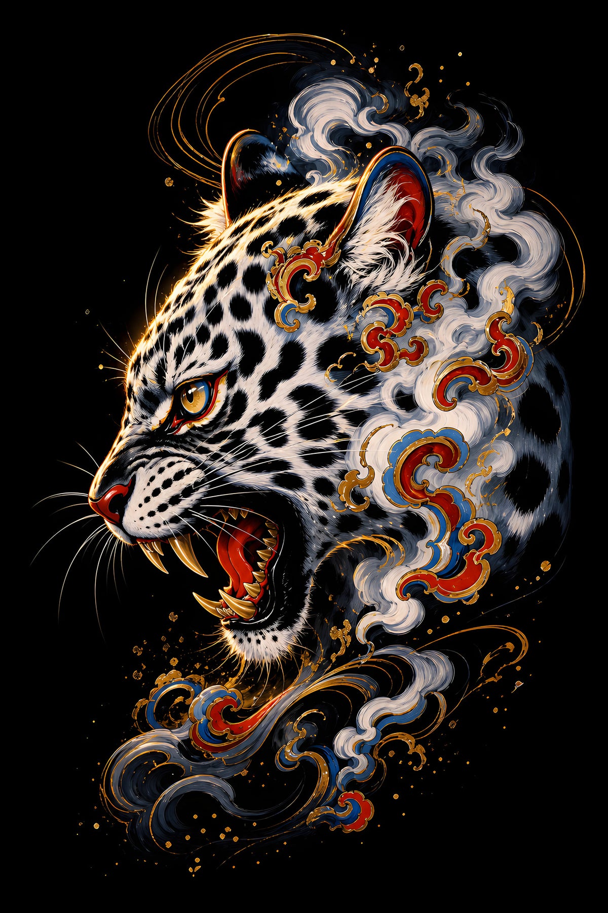 Leopard and Ornamental Smoke - Halftone DTF transfer - Prints best on darks
