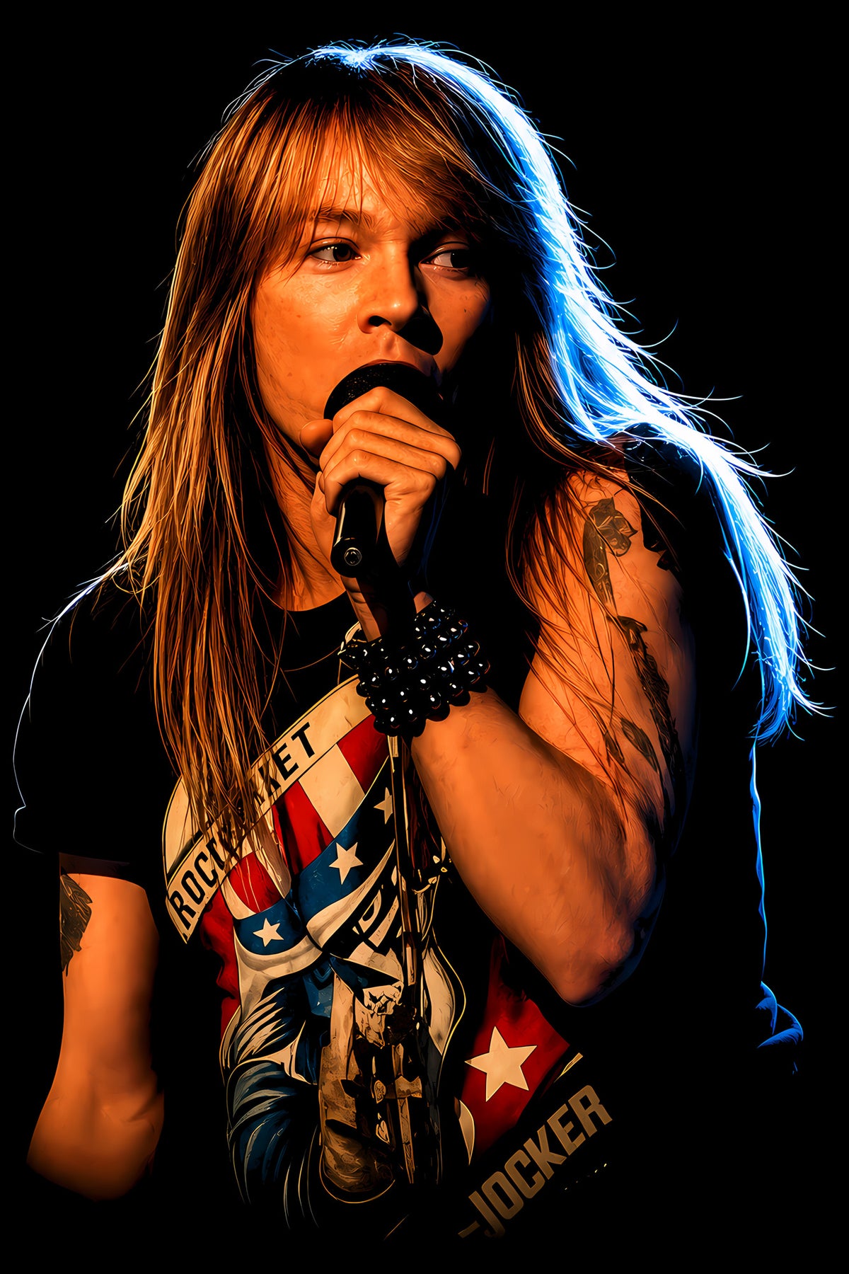Long-Haired Rock Singer with Microphone - Halftone DTF transfer - Prints best on darks