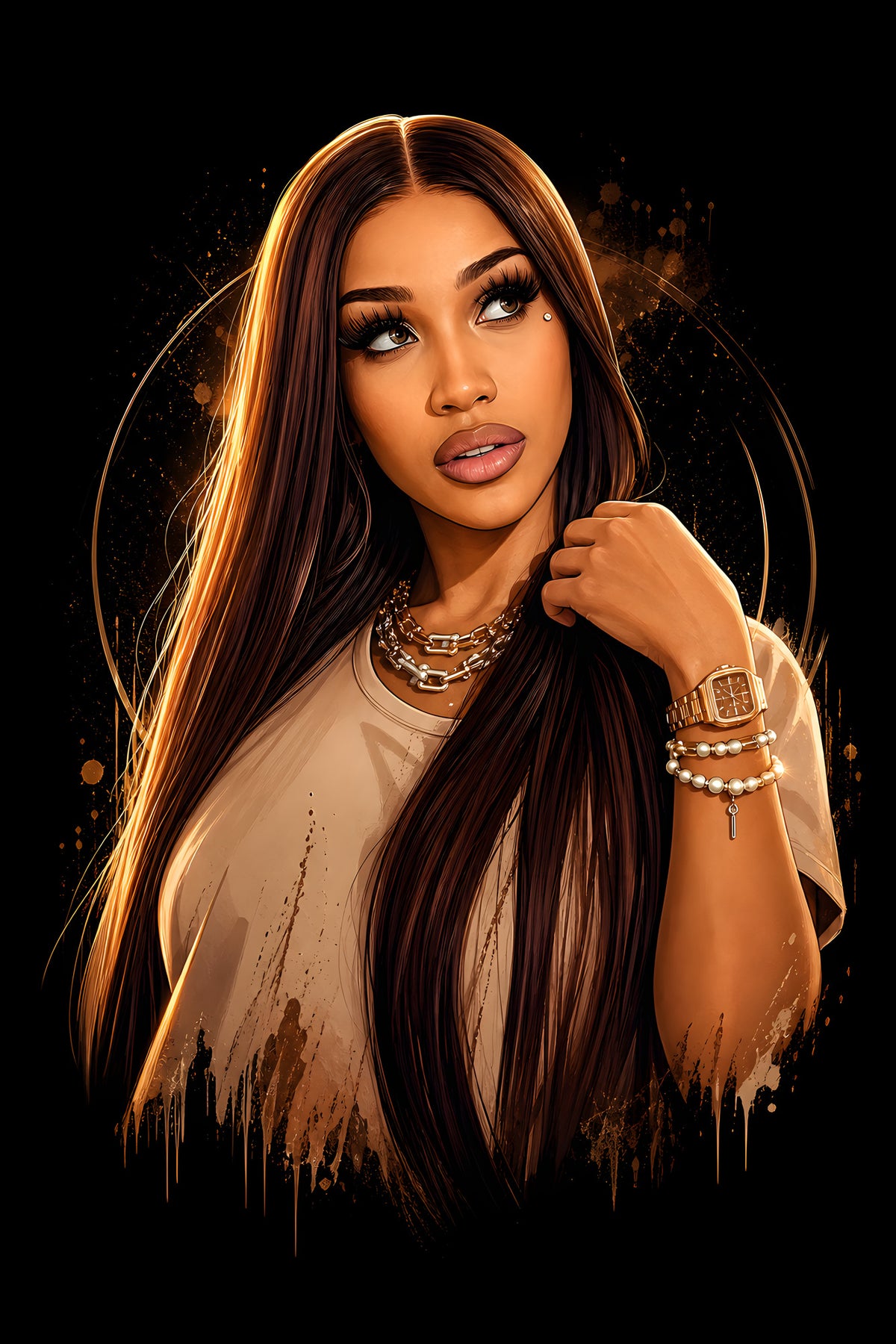 Long-Haired Woman in Gold Light - Halftone DTF transfer - Prints best on darks