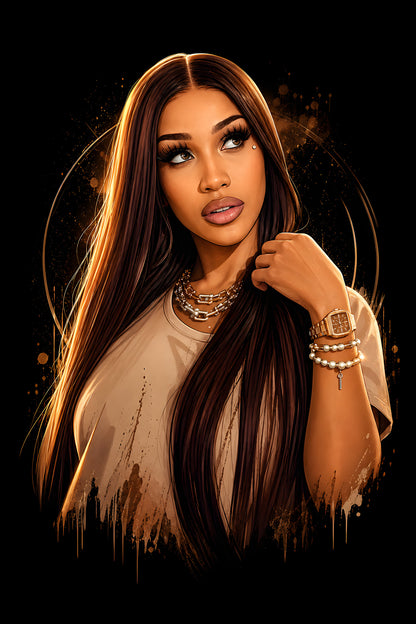 Long-Haired Woman in Gold Light - Halftone DTF transfer - Prints best on darks