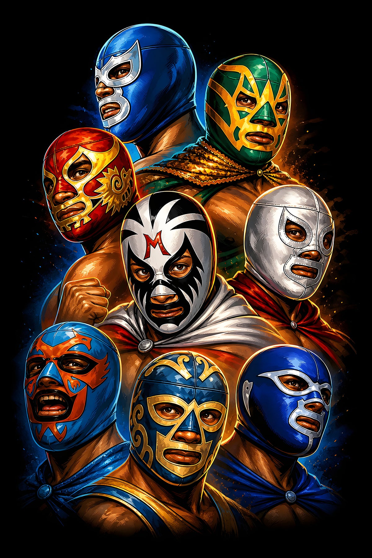Lucha Libre Masked Wrestlers Collage halftone DTF transfer for black or dark garments
