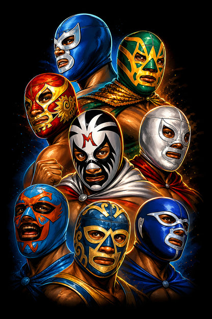 Lucha Libre Masked Wrestlers Collage halftone DTF transfer for black or dark garments