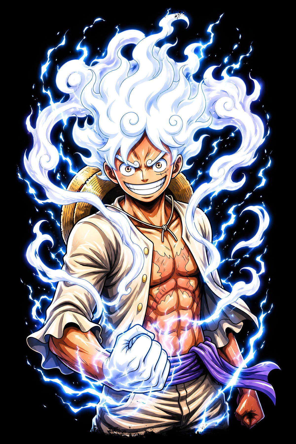 Luffy Gear Five White Flames - Halftone DTF transfer - Prints best on darks
