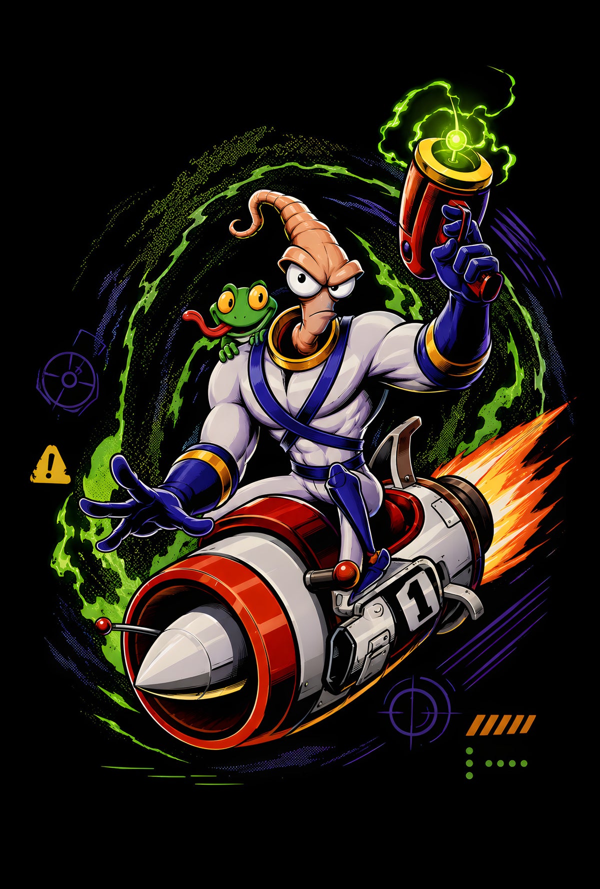 Mad Scientist on Rocket - Halftone DTF transfer - Prints best on darks