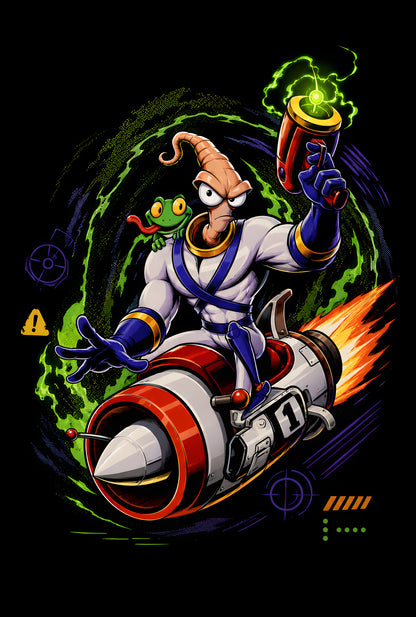 Mad Scientist on Rocket - Halftone DTF transfer - Prints best on darks