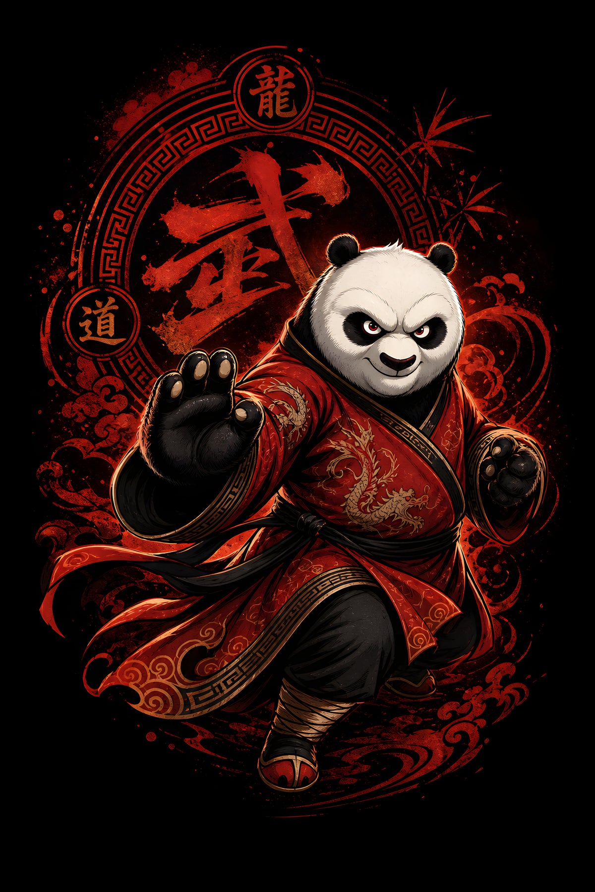 Martial Arts Panda in Red Robe halftone DTF transfer for black or dark garments