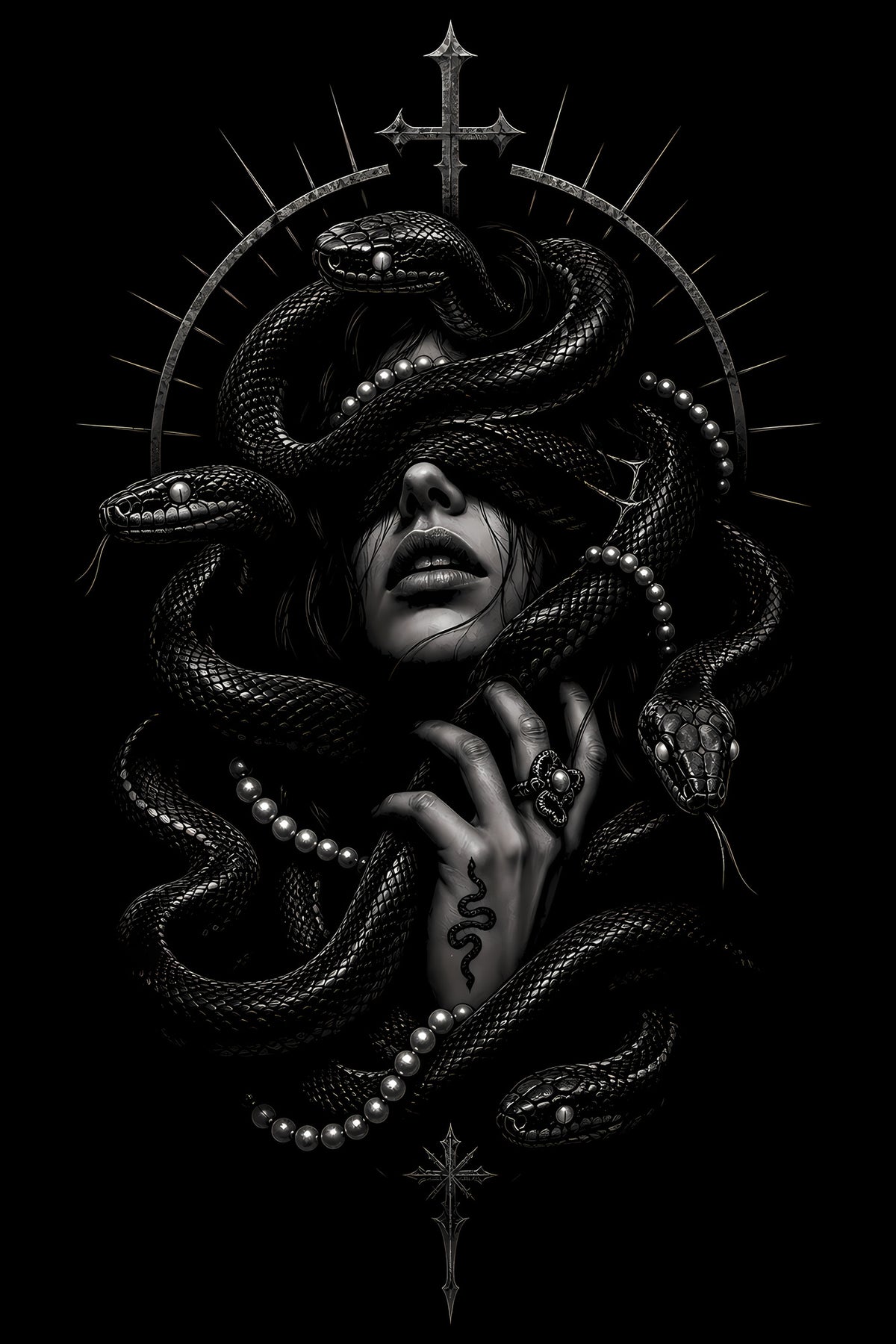 Medusa in Black and White - Halftone DTF transfer - Prints best on darks