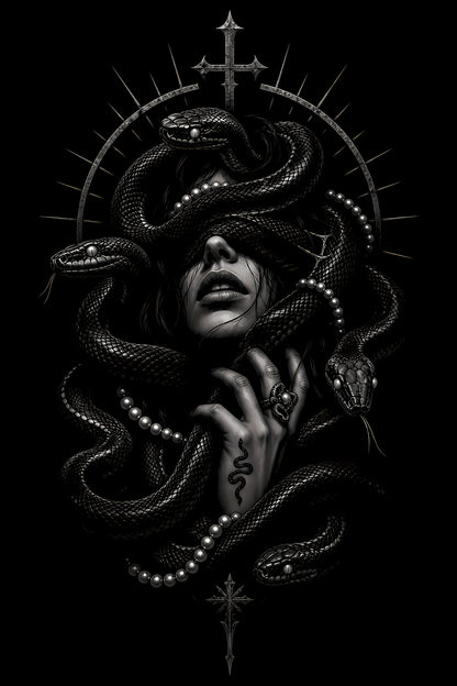 Medusa in Black and White - Halftone DTF transfer - Prints best on darks