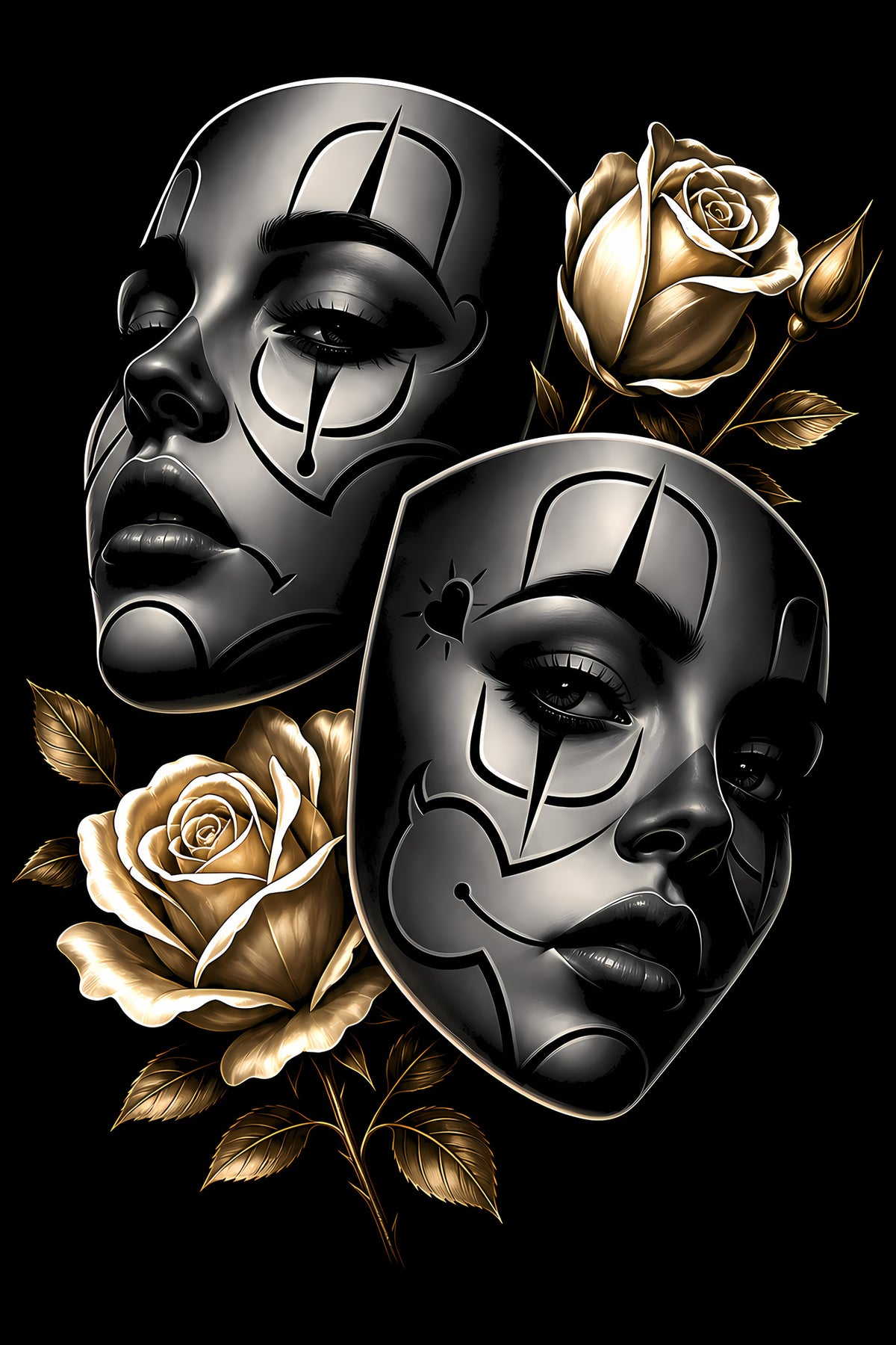Metal Theatre Masks and Gold Roses - Halftone DTF transfer - Prints best on darks