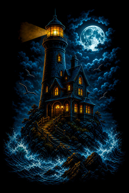 Moonlit Lighthouse in Rough Seas - Halftone DTF transfer - Prints best on darks