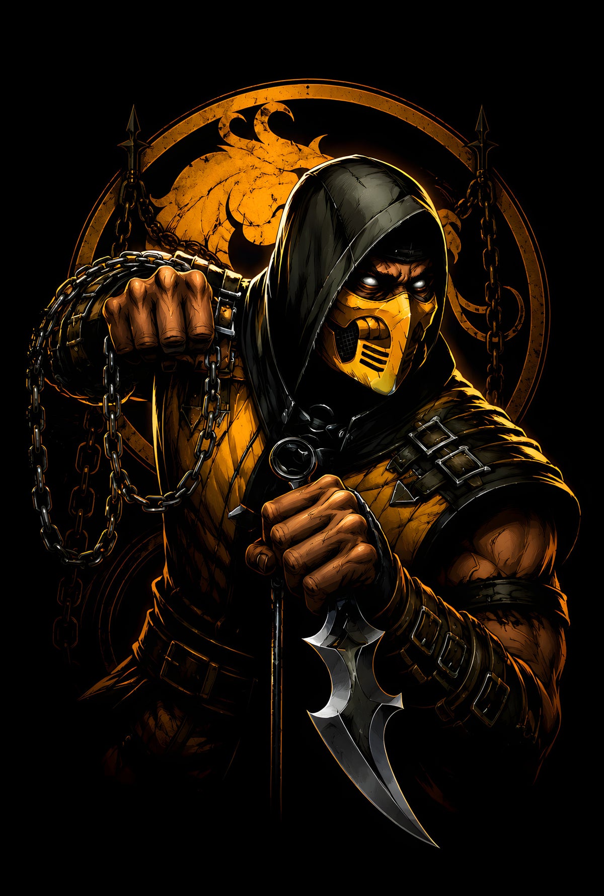 Mortal Kombat Scorpion - Halftone DTF transfer - Prints best on darks
