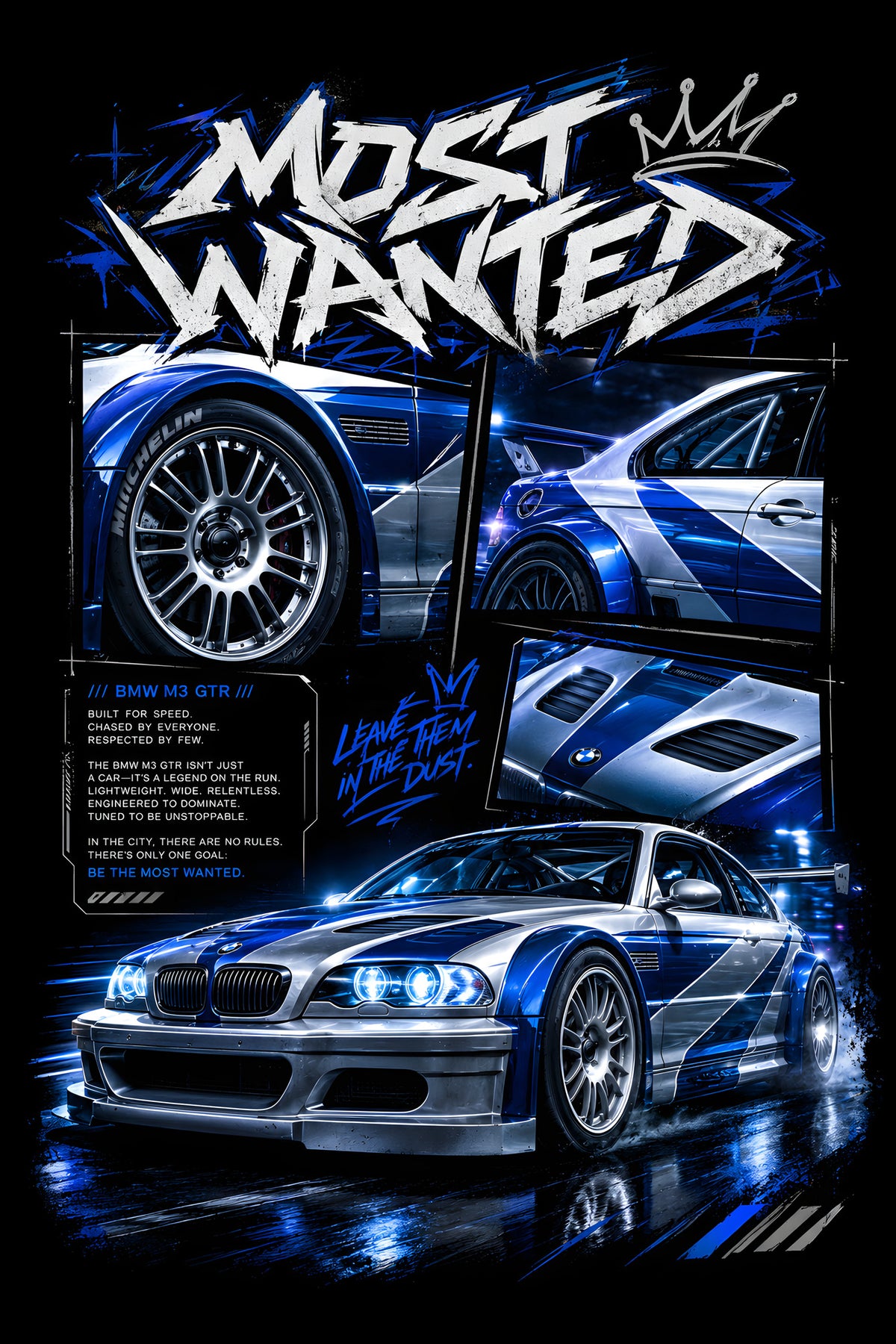 Most Wanted Blue Sports Car - Halftone DTF transfer - Prints best on darks