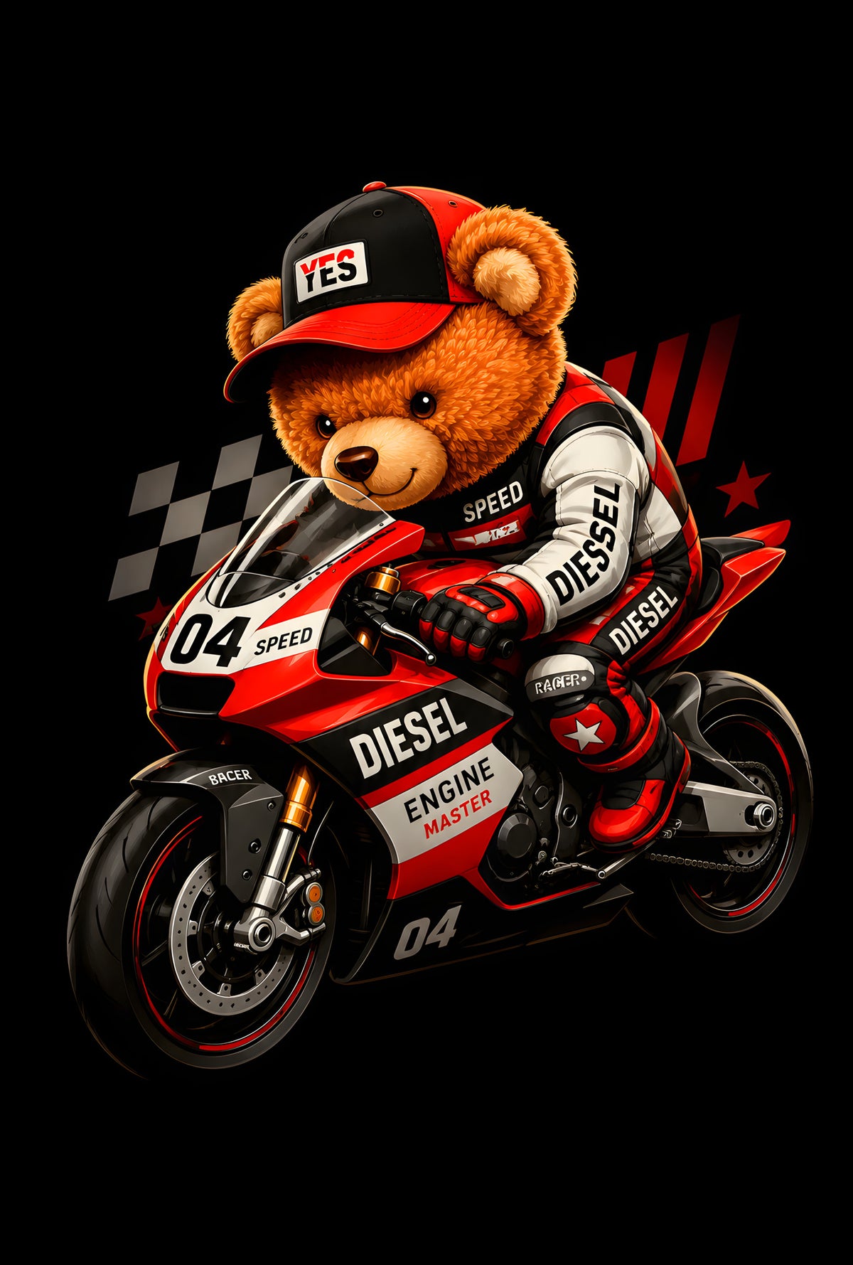 Motorcycle Racing Teddy Bear - Halftone DTF transfer - Prints best on darks