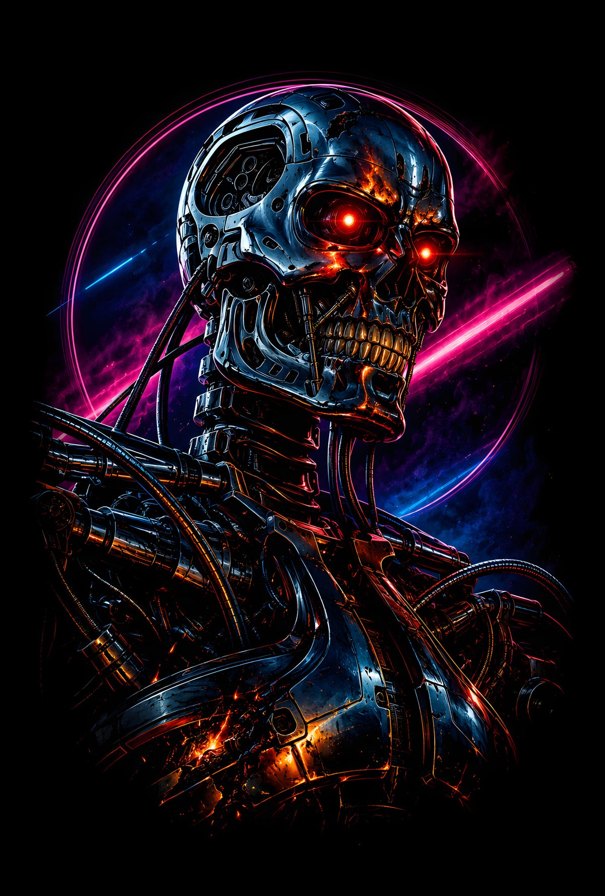 Neon Cyborg Skull - Halftone DTF transfer - Prints best on darks