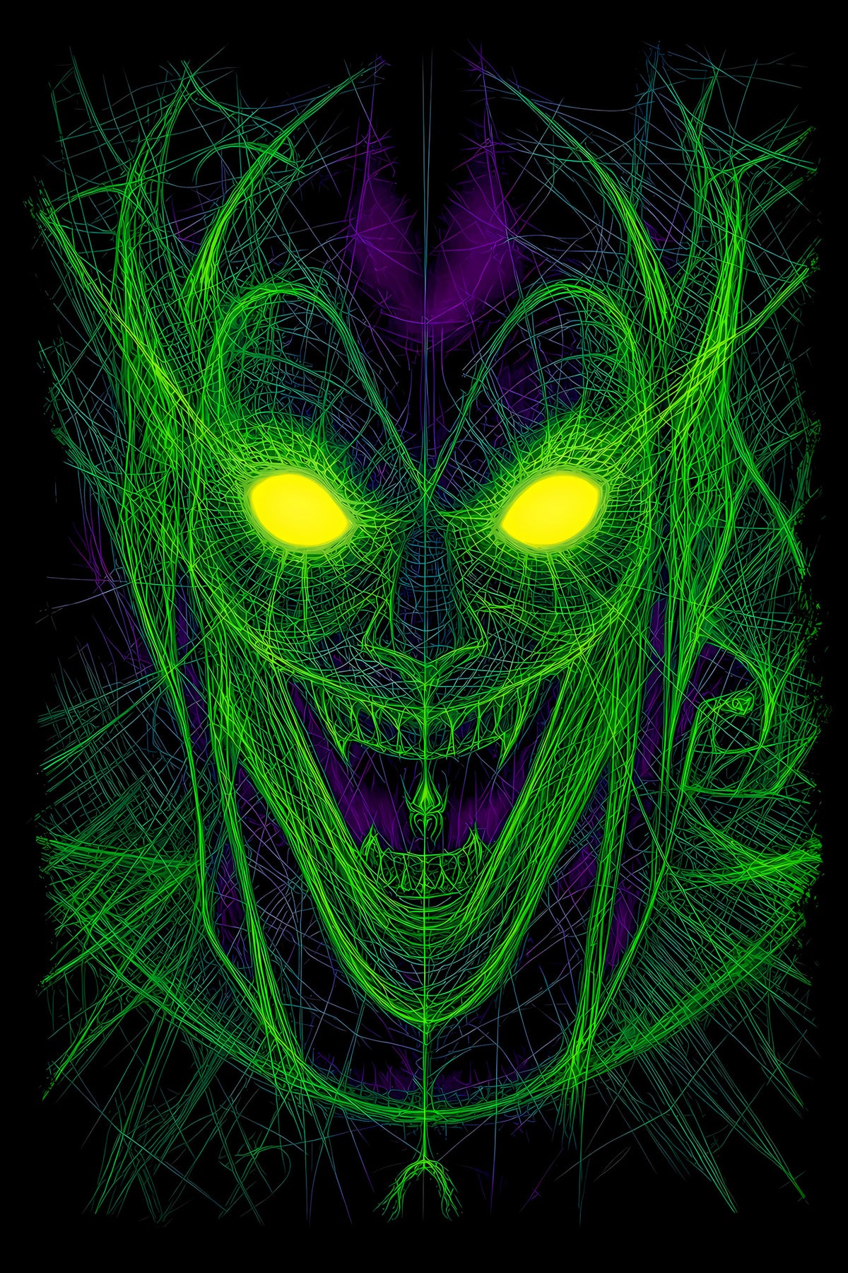 Neon Green Grinning Demon - Halftone DTF transfer - Prints best on darks