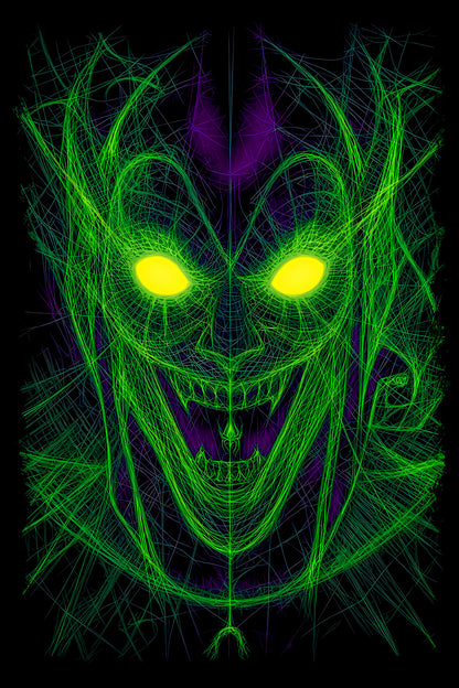 Neon Green Grinning Demon - Halftone DTF transfer - Prints best on darks