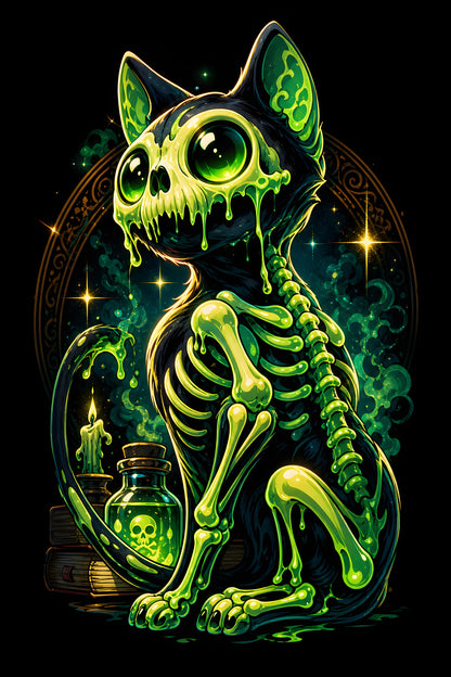 Neon Green Skeleton Cat - Halftone DTF transfer - Prints best on darks