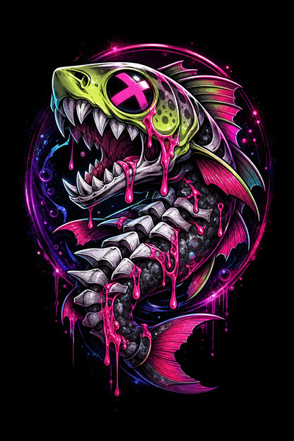 Neon Skeleton Piranha - Halftone DTF transfer - Prints best on darks