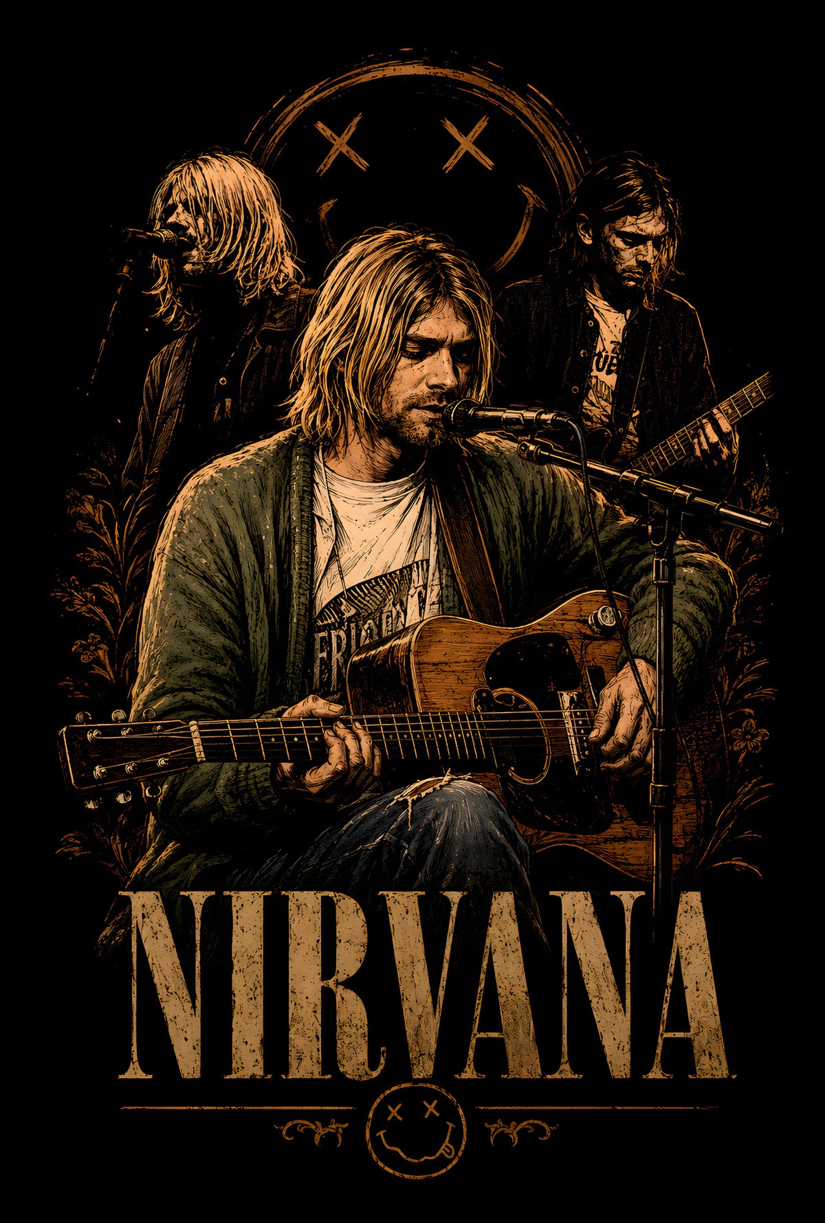 Nirvana Acoustic Collage - Halftone DTF transfer - Prints best on darks