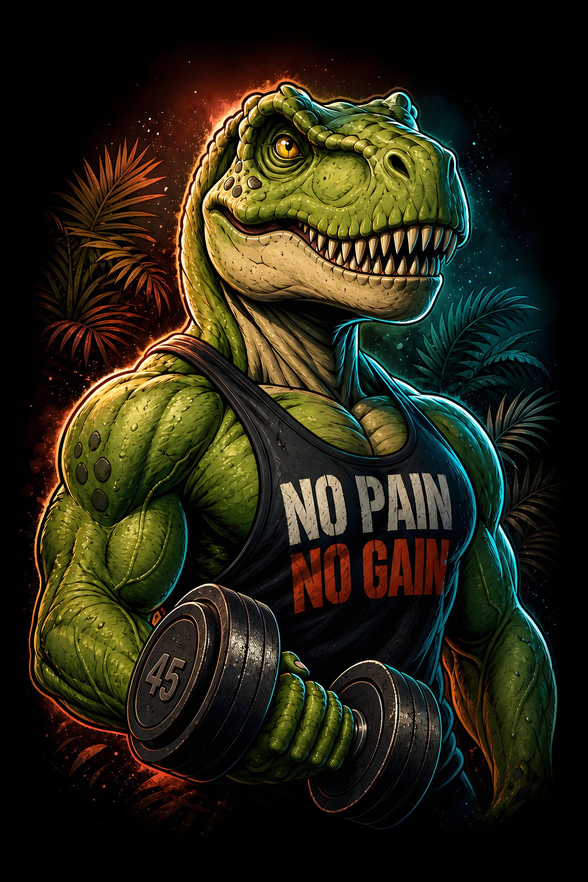 No Pain No Gain T-Rex - Halftone DTF transfer - Prints best on darks