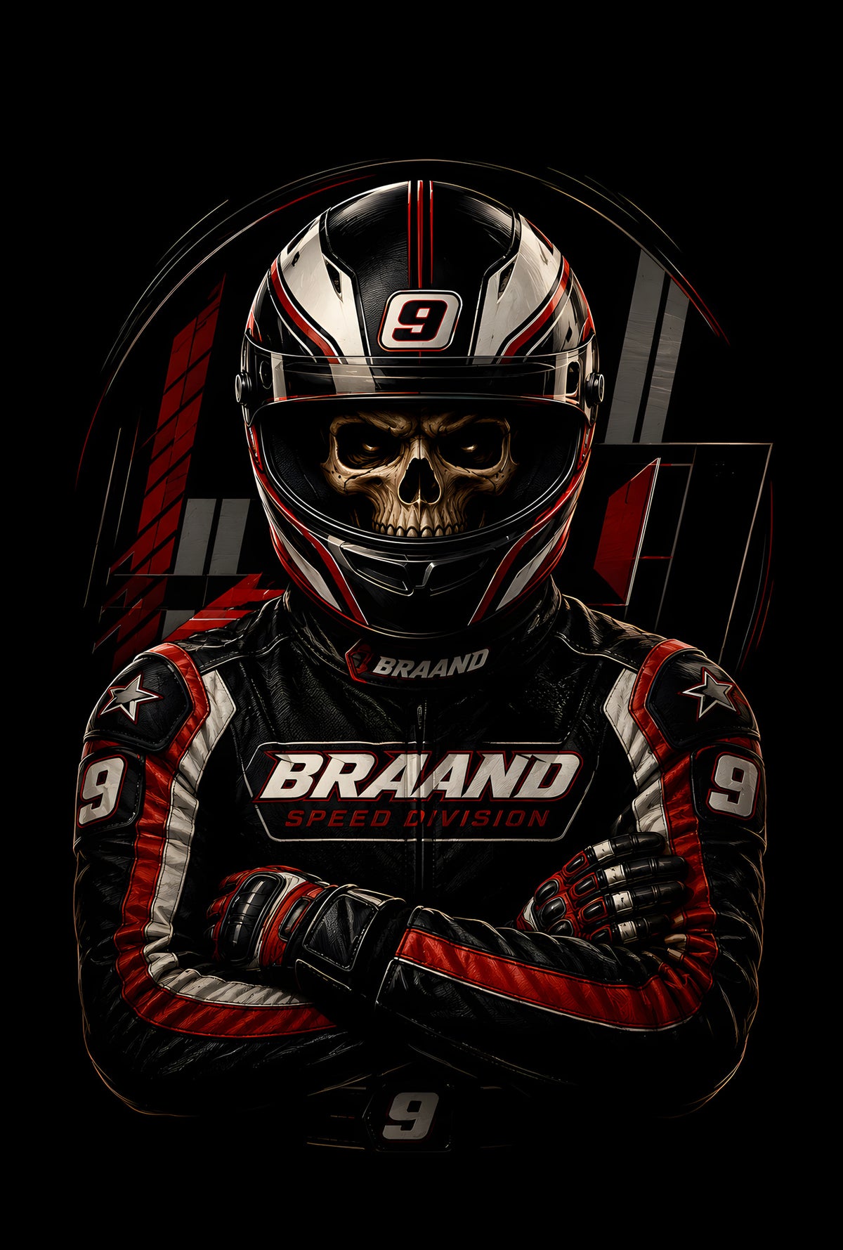 Number 9 Skeleton Racing Driver - Halftone DTF transfer - Prints best on darks