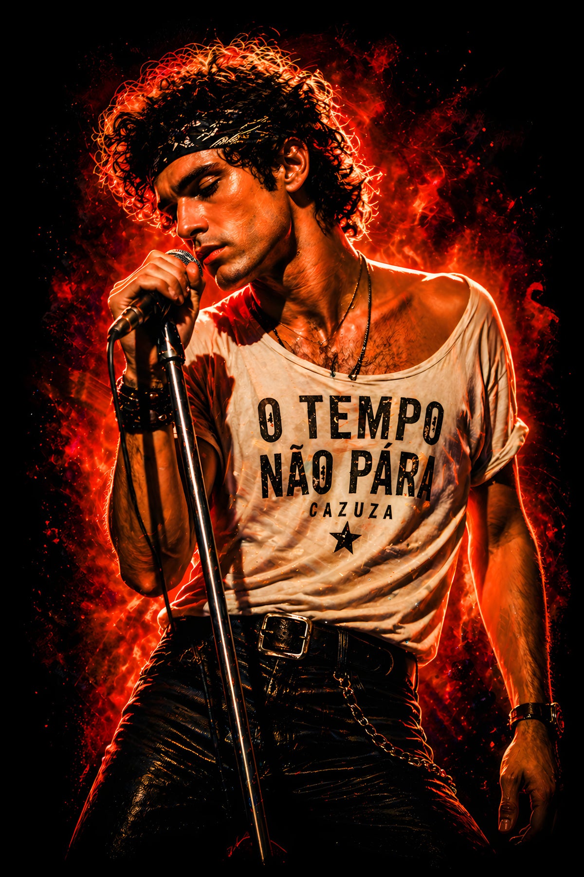 O Tempo Nao Para Rock Singer - Halftone DTF transfer - Prints best on darks
