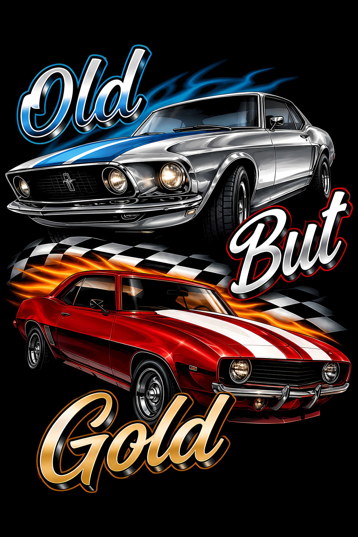 Old But Gold Classic Mustangs - Halftone DTF transfer - Prints best on darks