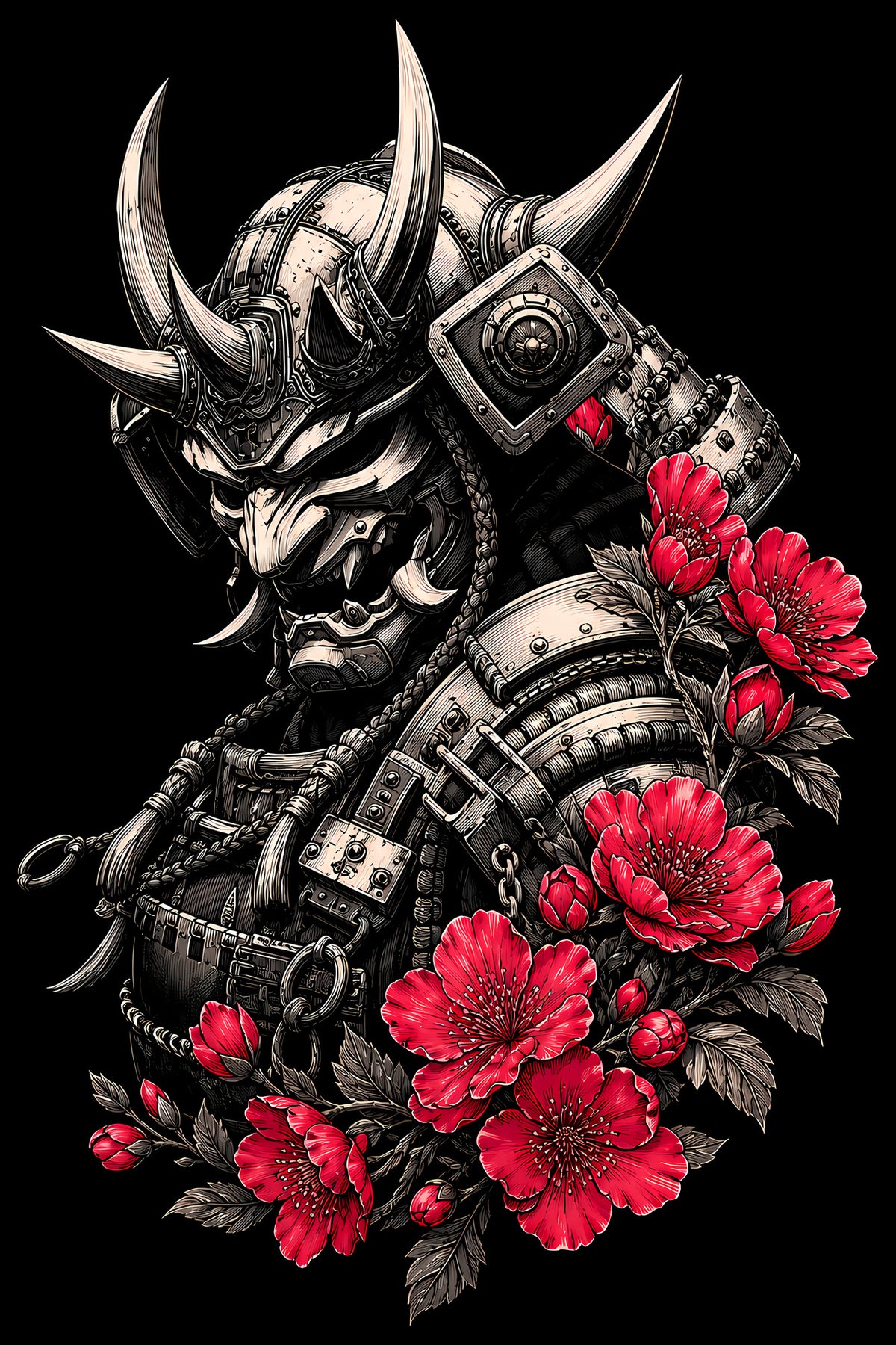 Oni Samurai and Red Flowers - Halftone DTF transfer - Prints best on darks