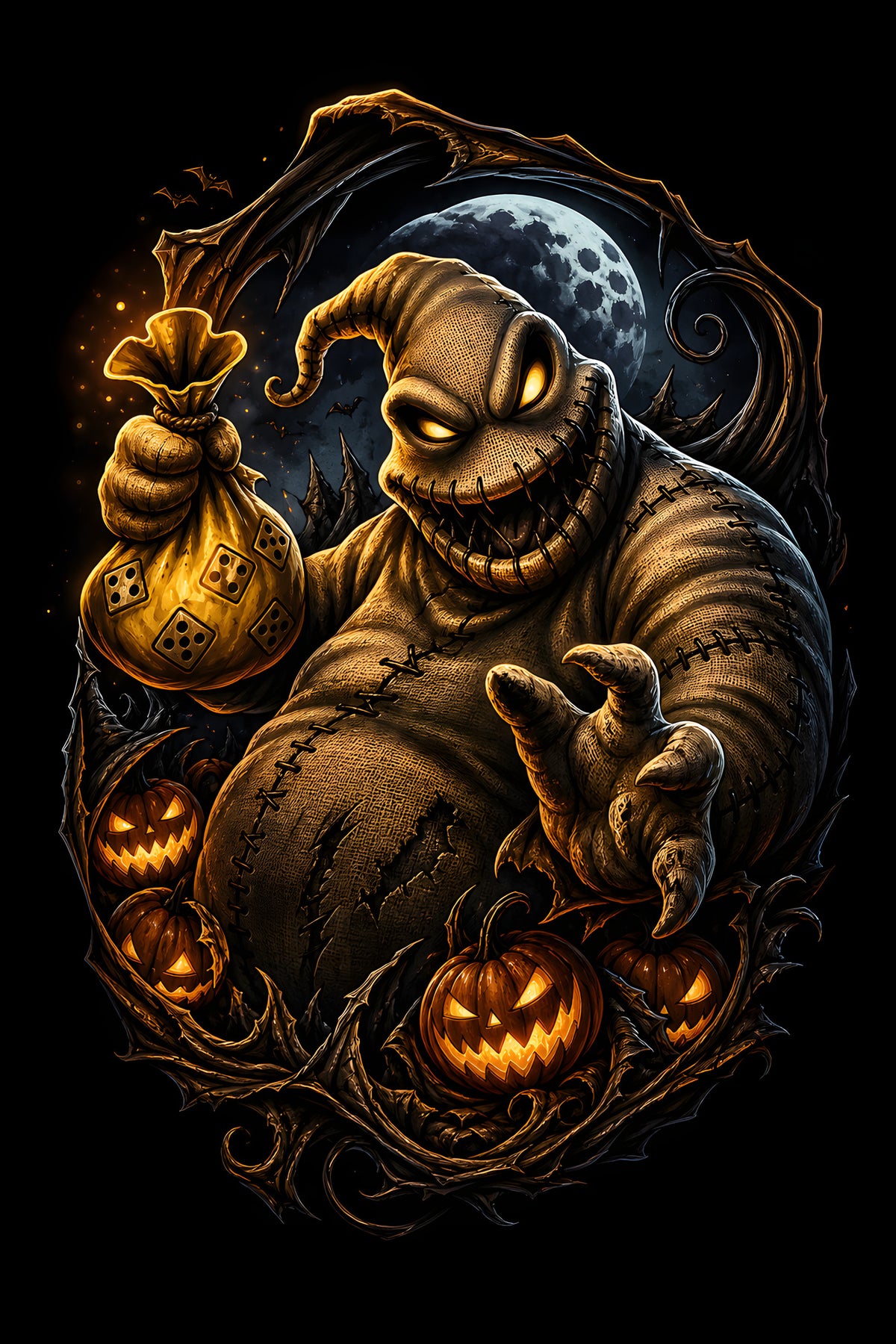 Oogie Boogie and Halloween Pumpkins - Halftone DTF transfer - Prints best on darks