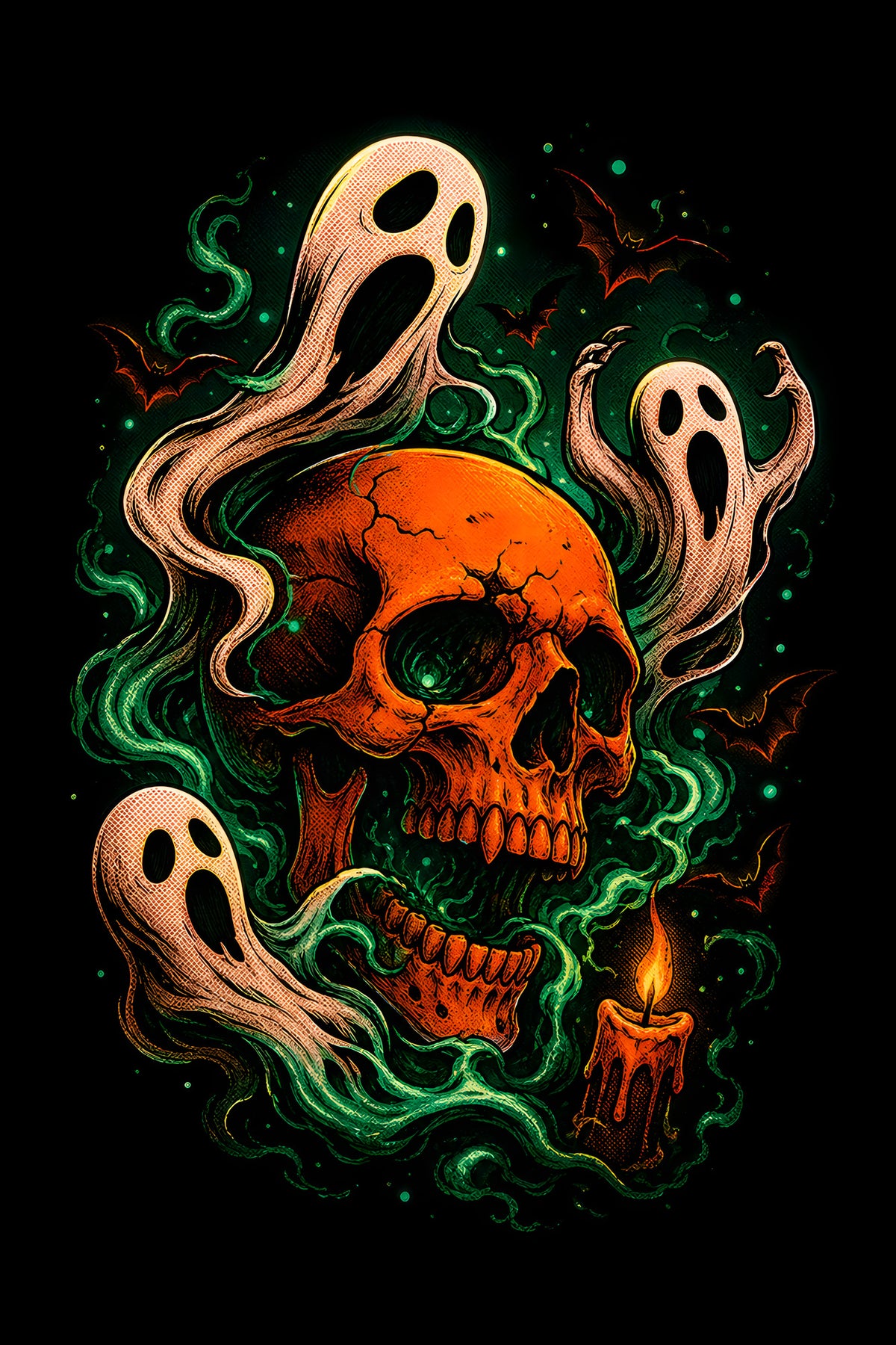 Orange Skull and Ghosts - Halftone DTF transfer - Prints best on darks
