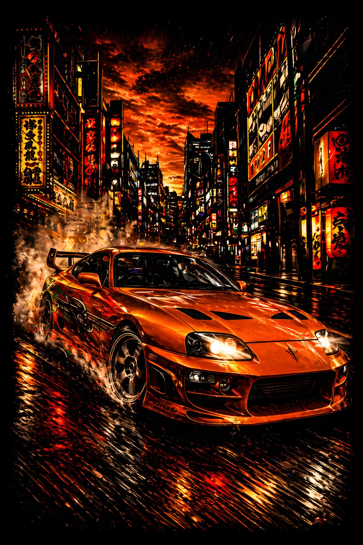 Orange Sports Car at Night - Halftone DTF transfer - Prints best on darks