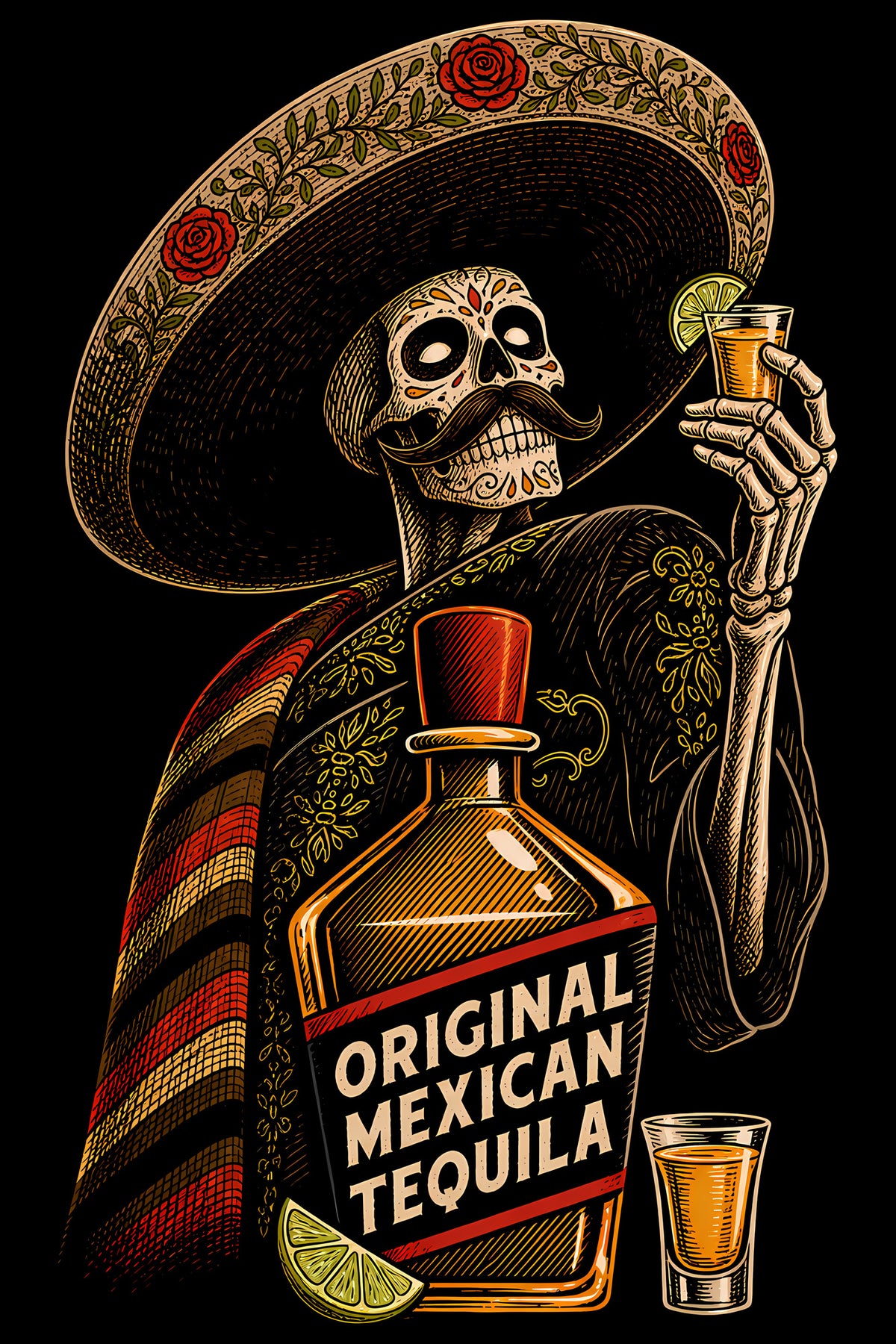 Original Mexican Tequila Skeleton - Halftone DTF transfer - Prints best on darks