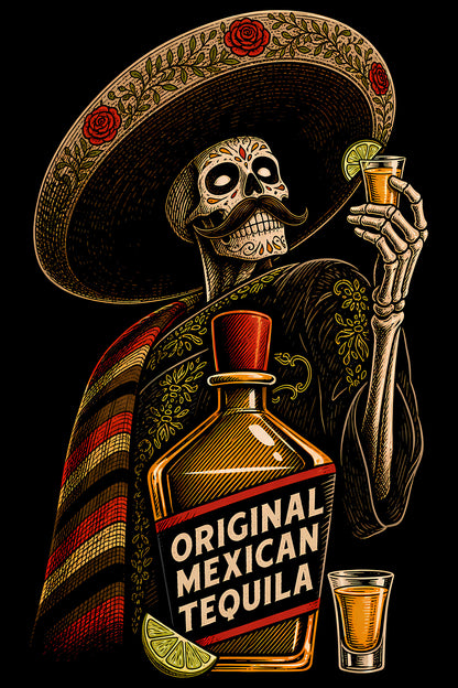 Original Mexican Tequila Skeleton - Halftone DTF transfer - Prints best on darks