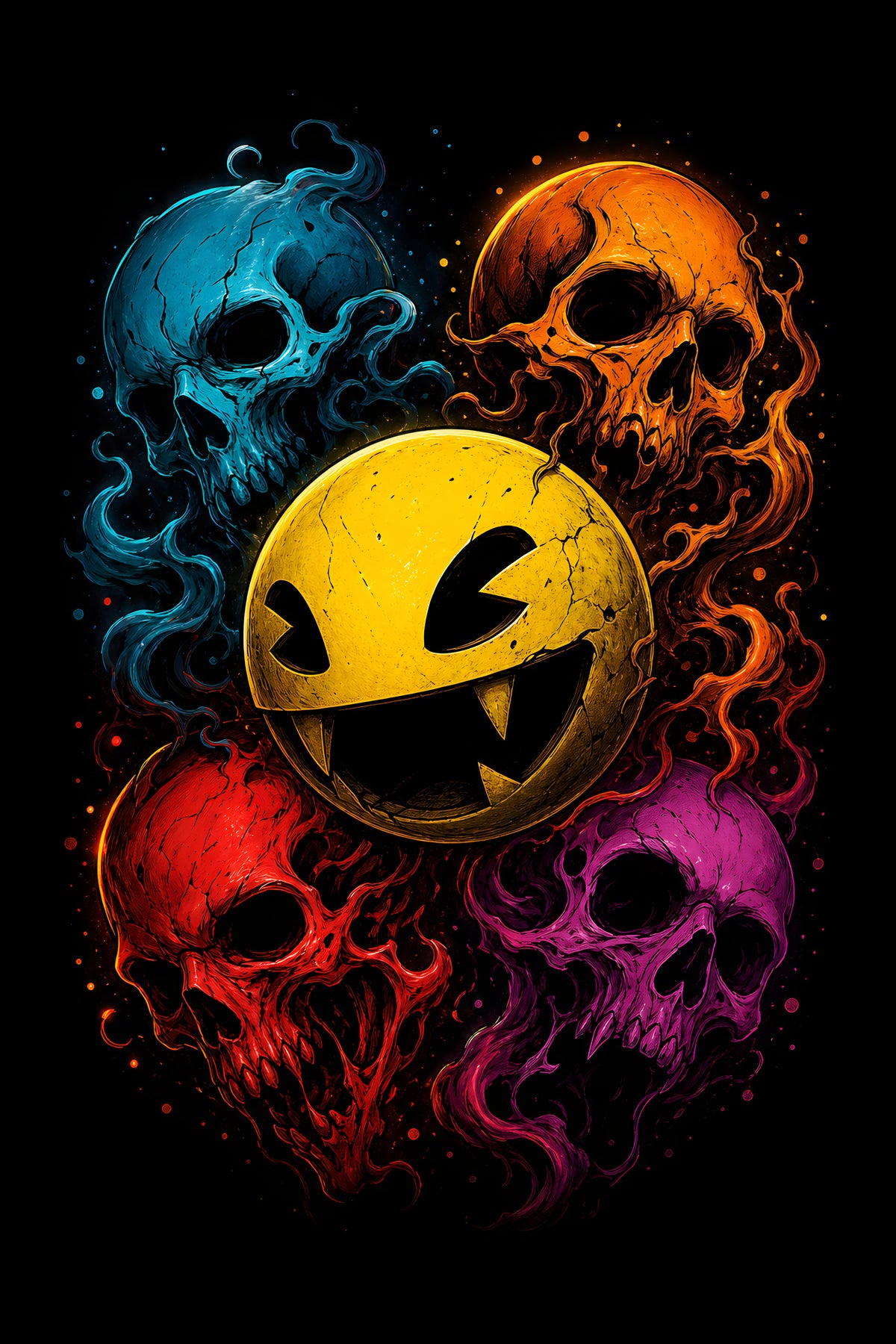 Pacc-Man Vampire and Ghost Skulls halftone DTF transfer for black or dark garments