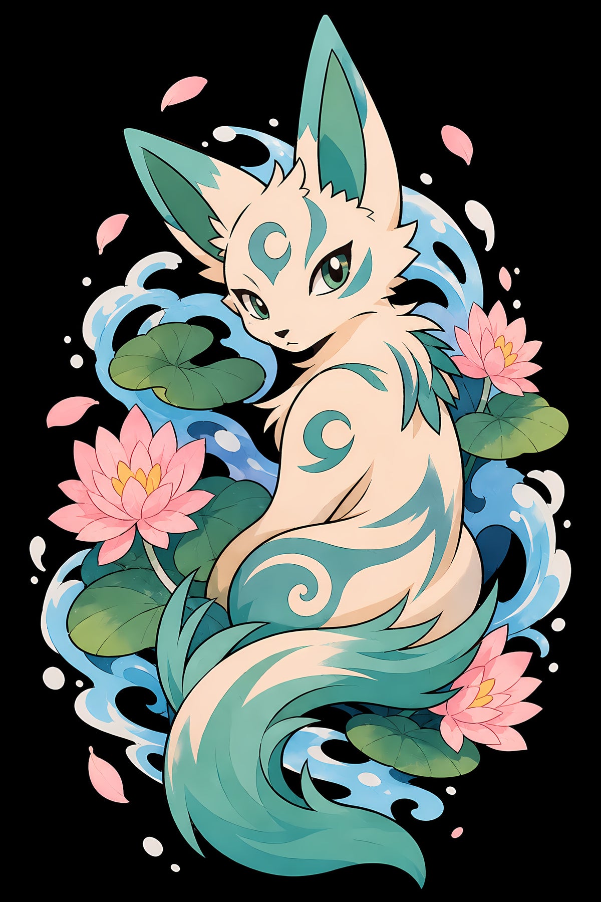 Pastel Fox and Lotus Flowers - Halftone DTF transfer - Prints best on darks