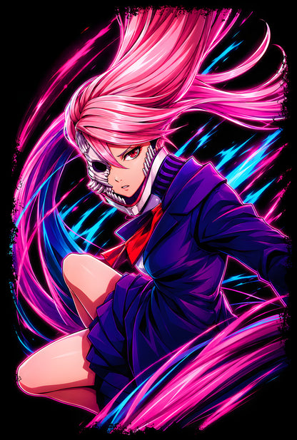 Pink-Haired Anime Fighter - Halftone DTF transfer - Prints best on darks