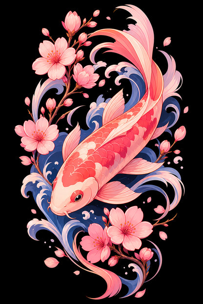 Pink Koi and Cherry Blossoms - Halftone DTF transfer - Prints best on darks