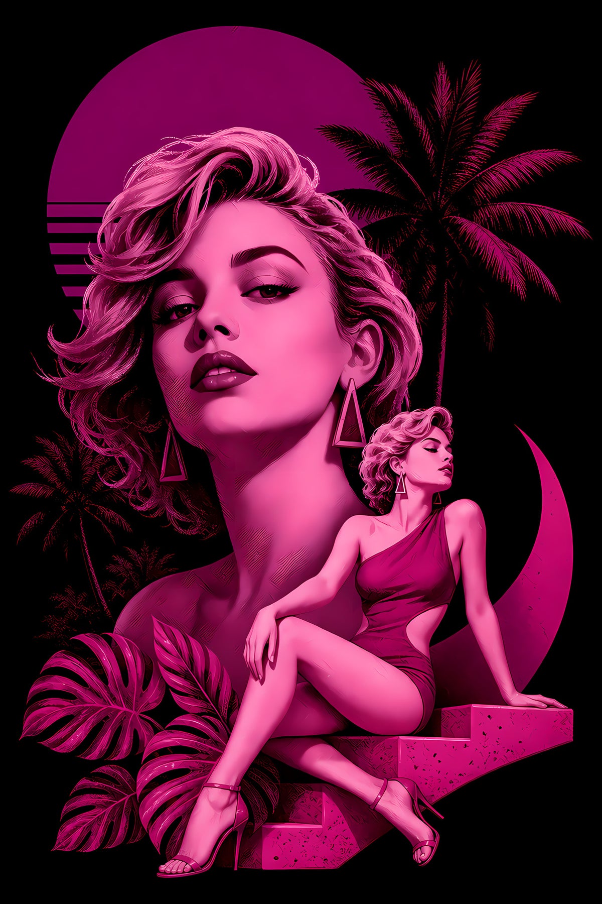 Pink Retro Glamour Portrait - Halftone DTF transfer - Prints best on darks