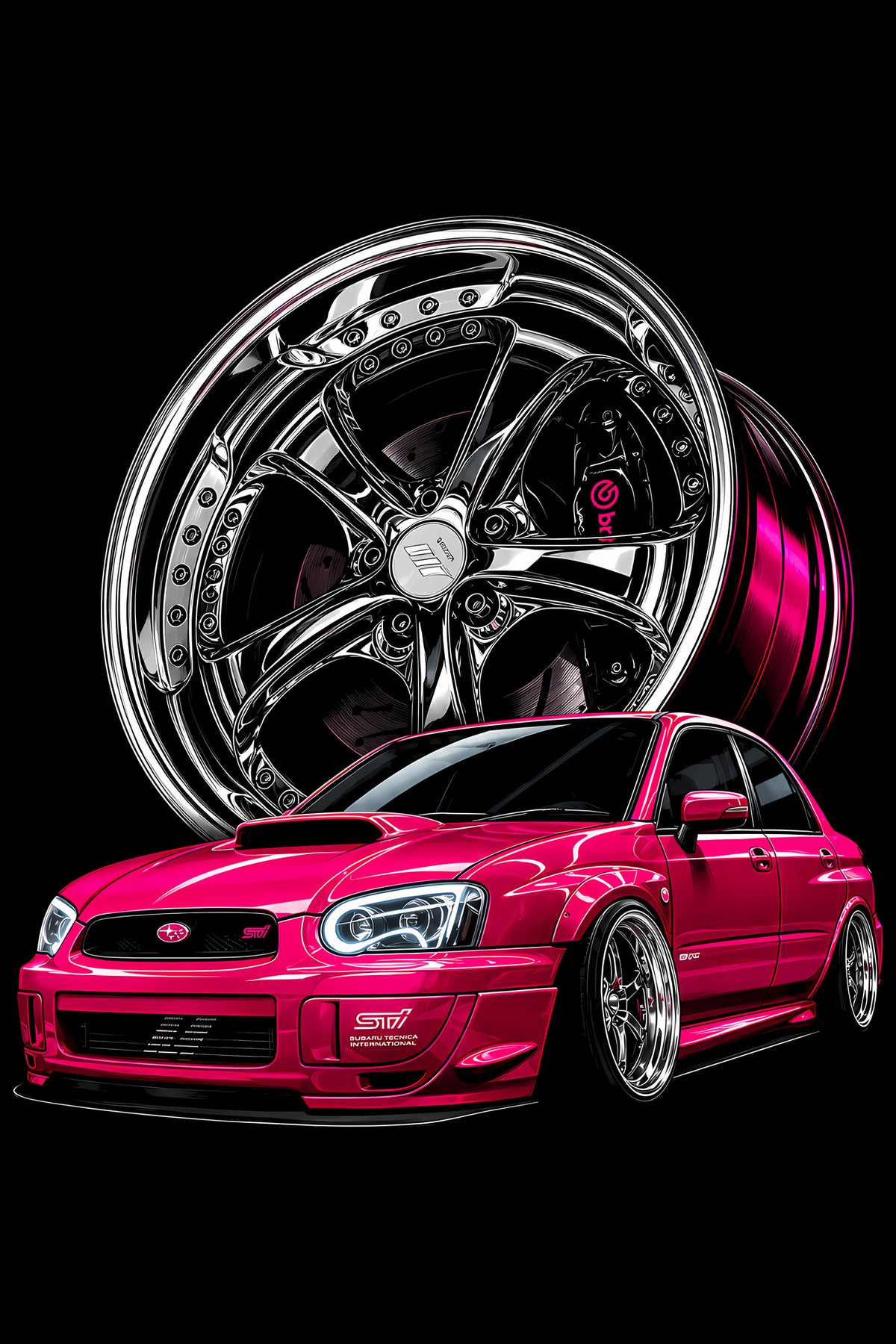 Pink Street Car and Chrome Wheel - Halftone DTF transfer - Prints best on darks