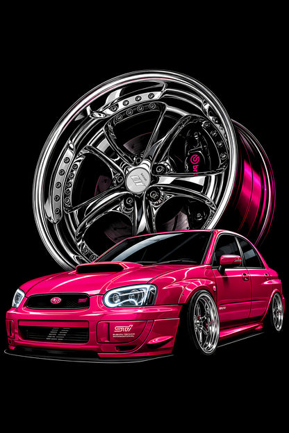 Pink Street Car and Chrome Wheel - Halftone DTF transfer - Prints best on darks