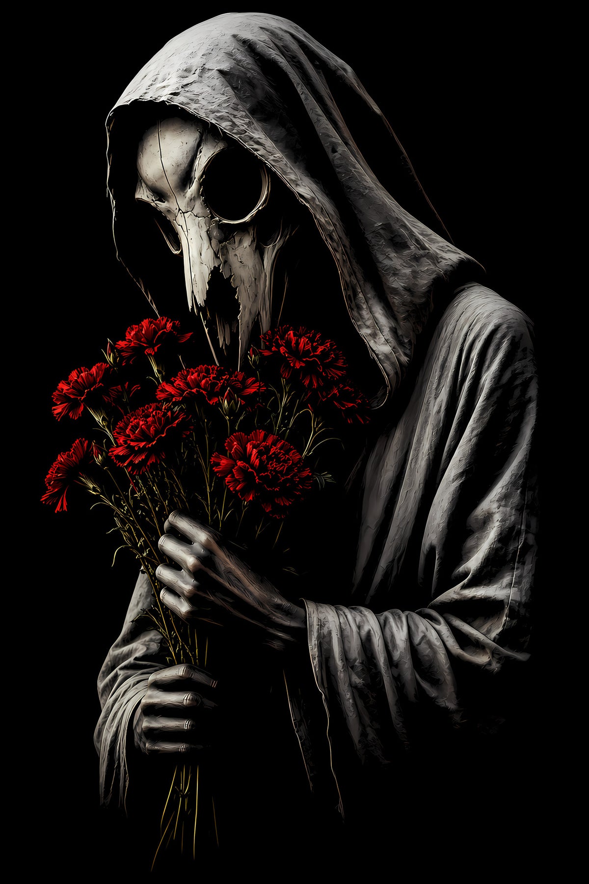 Plague Doctor with Red Flowers - Halftone DTF transfer - Prints best on darks