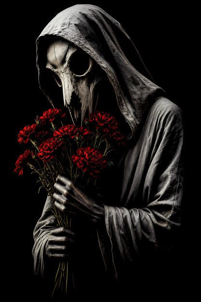 Plague Doctor with Red Flowers - Halftone DTF transfer - Prints best on darks